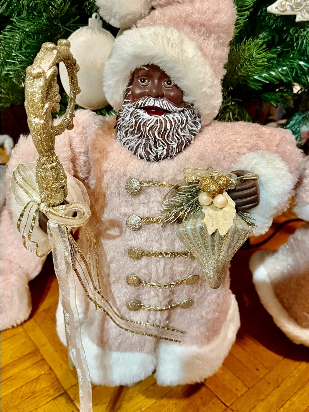 African American Holiday Santa Figurine in Blush Pink with Gold Accents